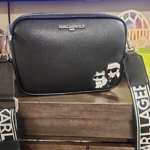 Karl Lagerfeld Black Crossbody Camera Bag with Character Patch Dust Bag Included